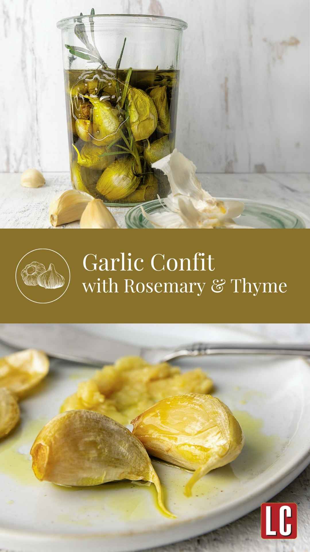 A jar of garlic confit with loose garlic cloves and husks nearby and some garlic confit cloves on a plate.