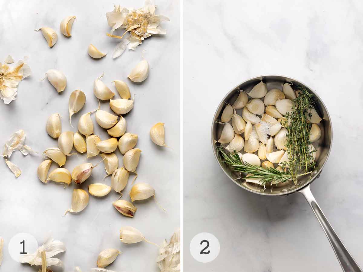 Loose garlic cloves with their husks nearby and a pot filled with garlic, rosemary, and thyme.