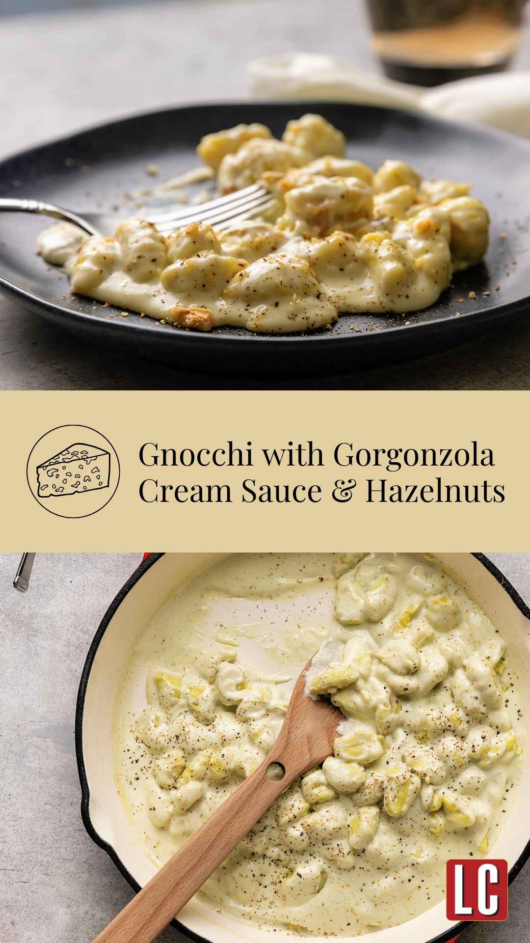 A portion of gnocchi with gorgonzola cream sauce sprinkled with chopped hazelnuts on a black plate and a skillet with the gnocchi in cream sauce.