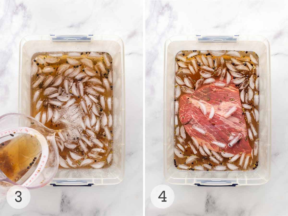 Brine being added to a tub of ice water; brisket submerged in the brine.