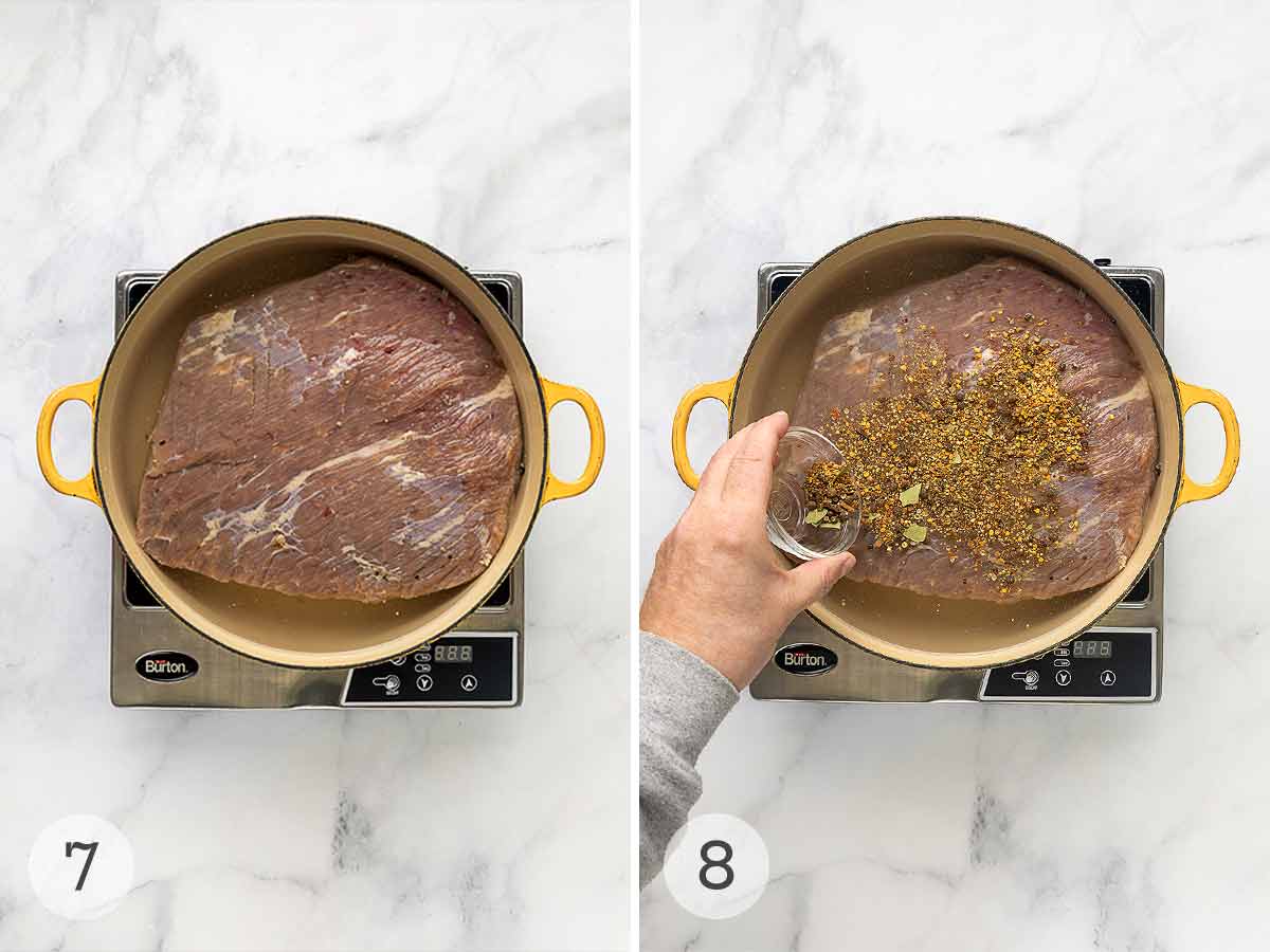 A piece of corned beef in water in a large Dutch oven; a person sprinkling brisket with a spice mixture.