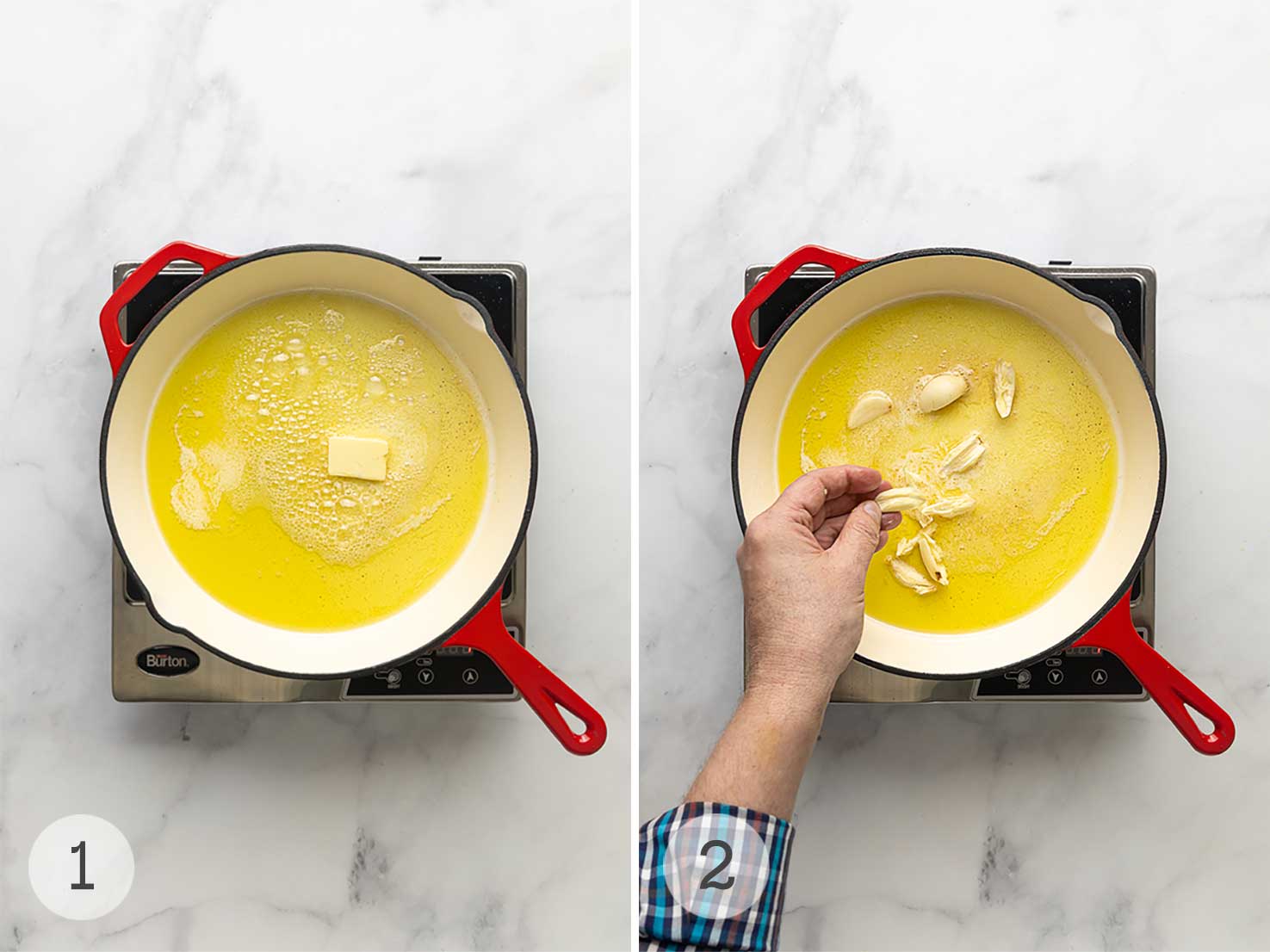 Butter melting in a skillet with oil; a person adding garlic to a skillet of melted butter and oil.