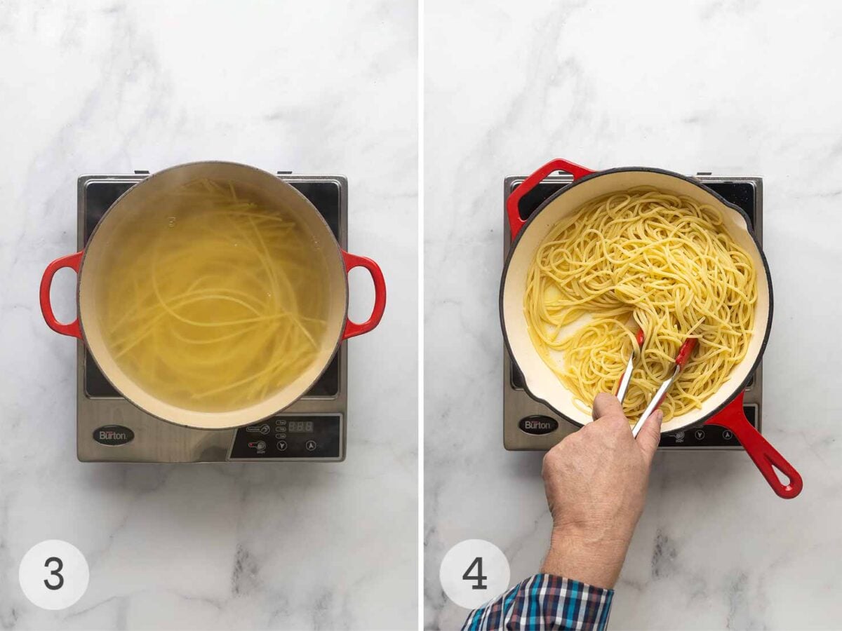 Spaghetti boiling in a large pot; a person using tongs to stir pasta in a skillet.