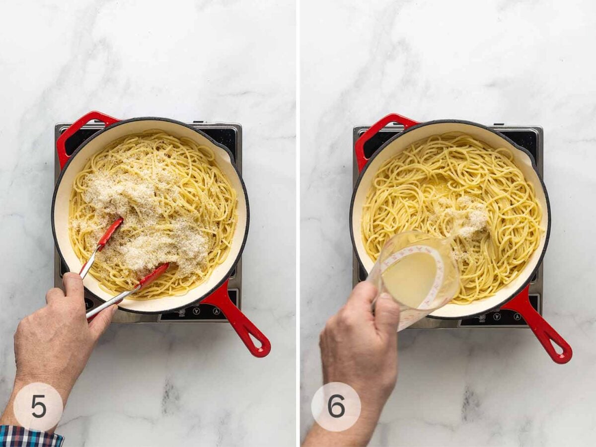 A person stirring Parmesan into pasta in a skillet; pasta cooking water being added to a skillet with pasta and Parmesan.