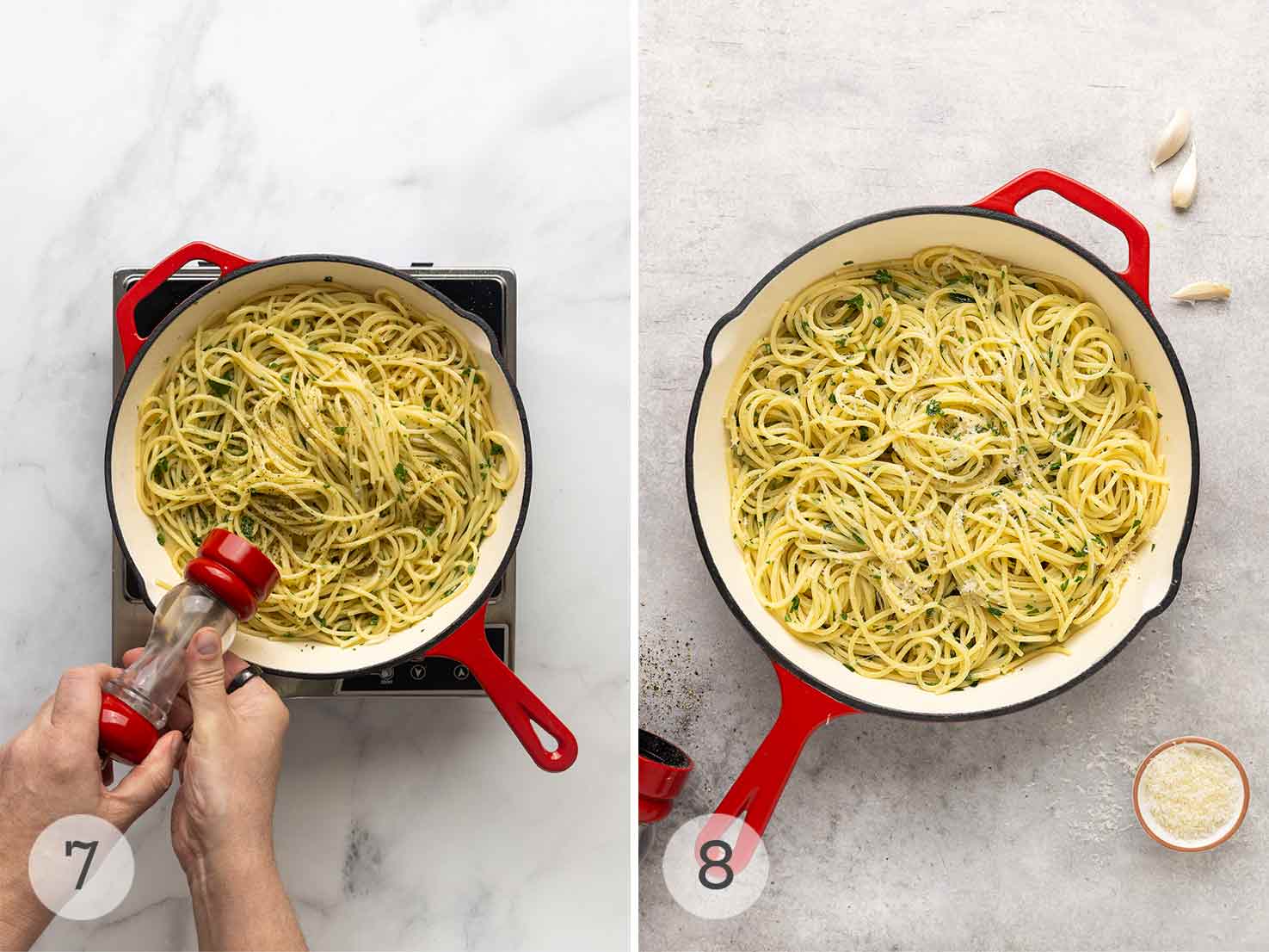 A person seasoning a skillet of pasta with pepper, and a finished skillet of pasta with Parmesan on the side.