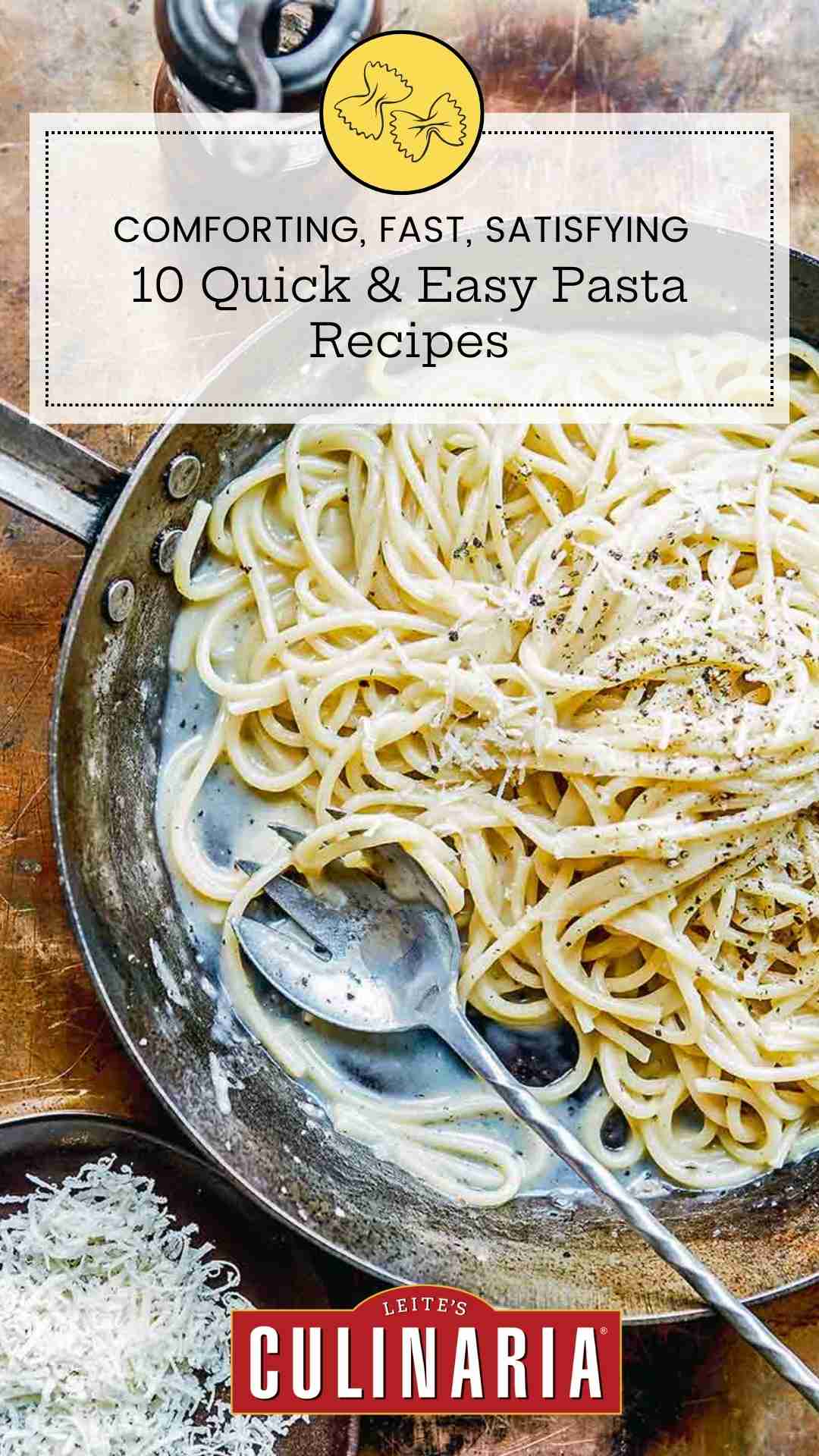 A skillet filled with cacio e pepe, with a bowl of shredded Parmesan cheese on the side.