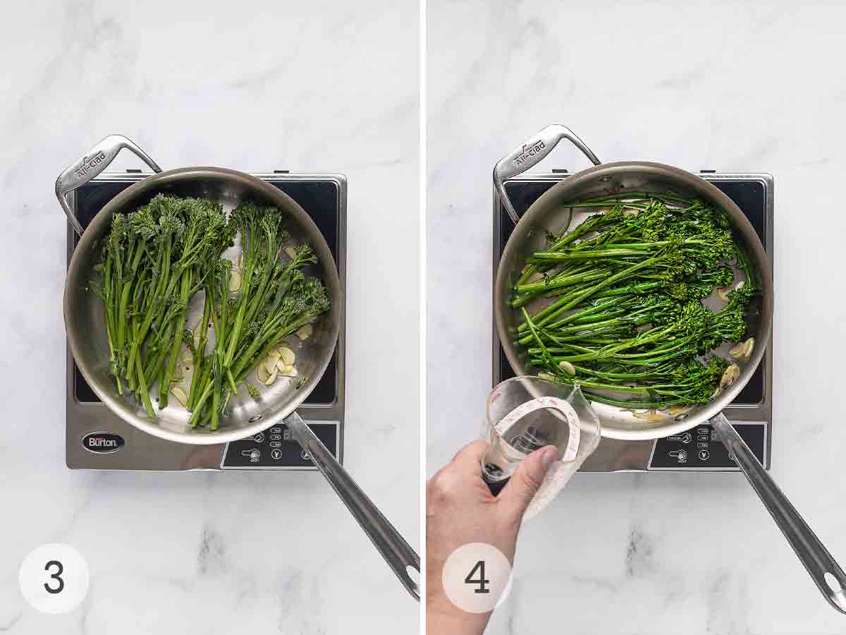 Broccolini in a skillet with garlic and oil; a person adding liquid to the skillet.
