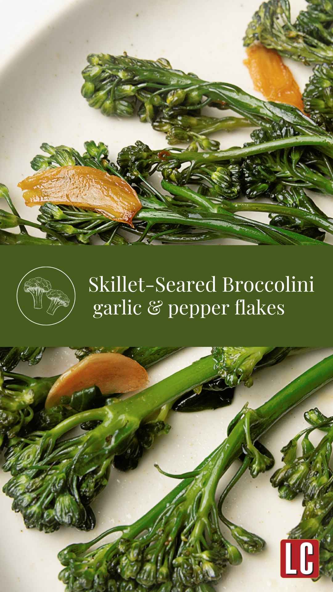 Seared broccolini and slices of browned garlic on a plate.