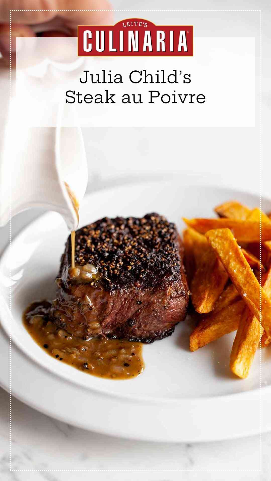 A person drizzling sauce over a steak au poivre on a white plate with sweet potato fries.