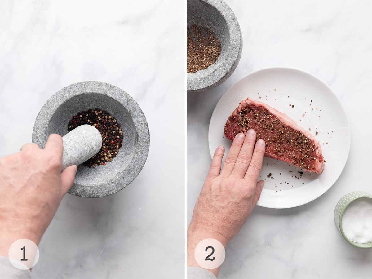 A person grinding peppercorns using a mortar and pestle, then pressing the peppercorn mixture into a steak on a white plate.