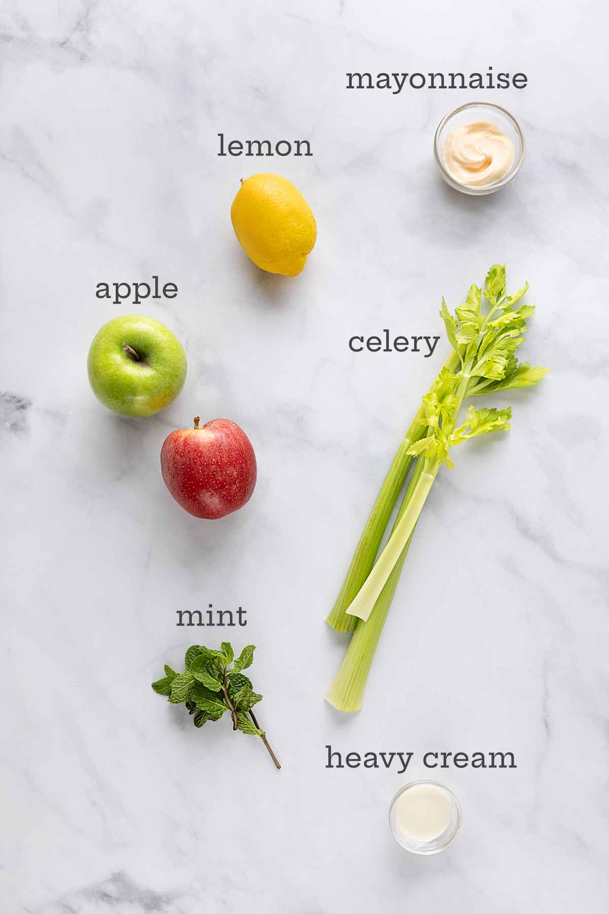 Ingredients for apple and celery salad--celery, apple, lemon, mayonnaise, creamy, and mint.