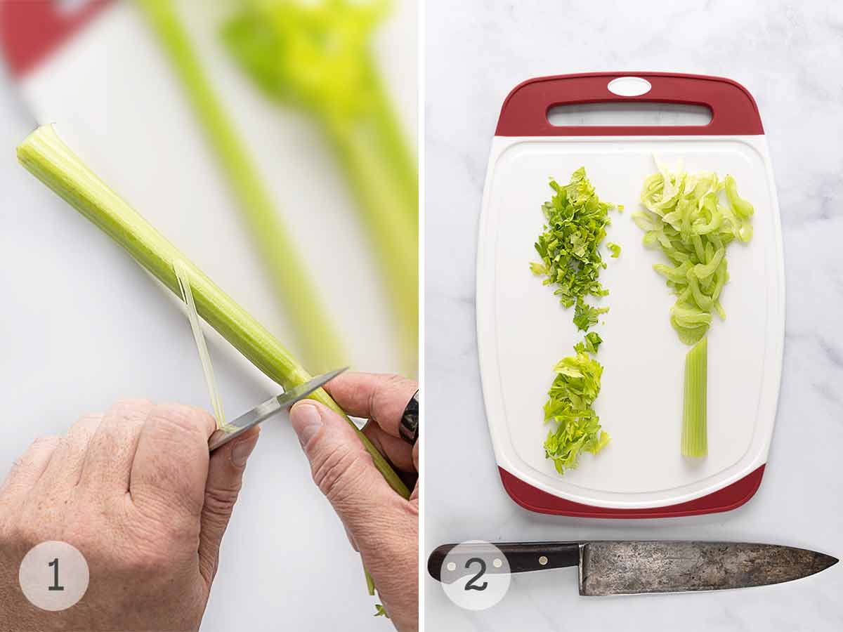 A person removing strings from a stalk of celery; sliced celery and chopped celery leaves on a cutting board.