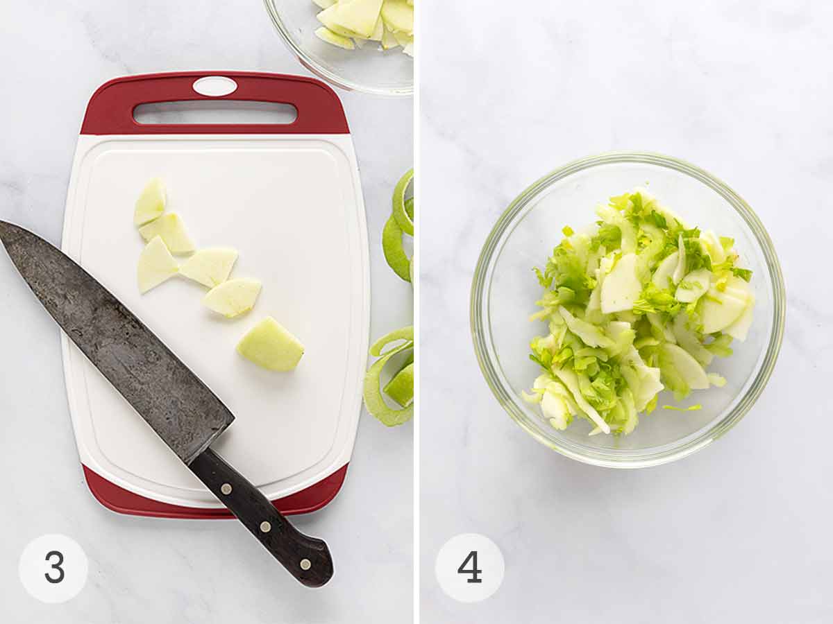 Slices of apple on a cutting board; celery leaves and slices and apples slices in a glass bowl.