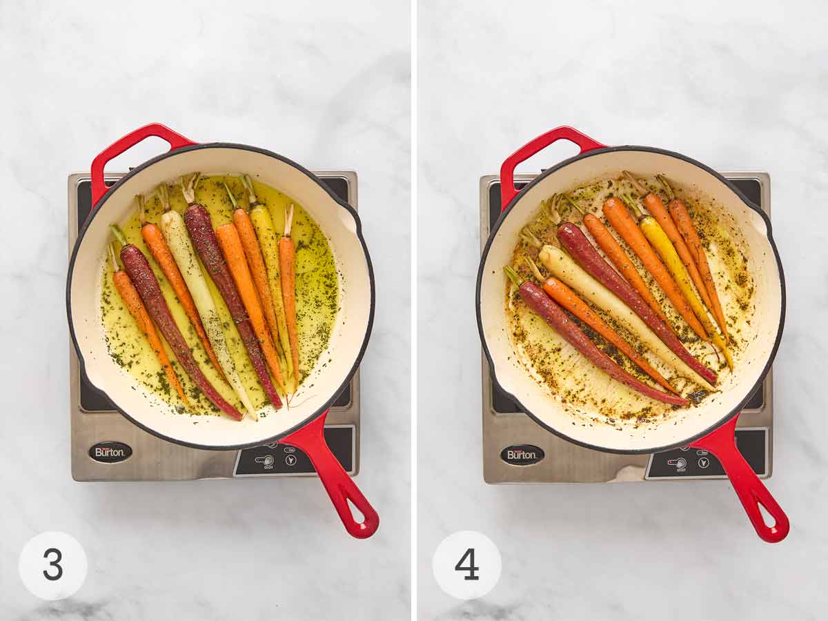 Two images of carrots cooking in herbs, oil, and butter.