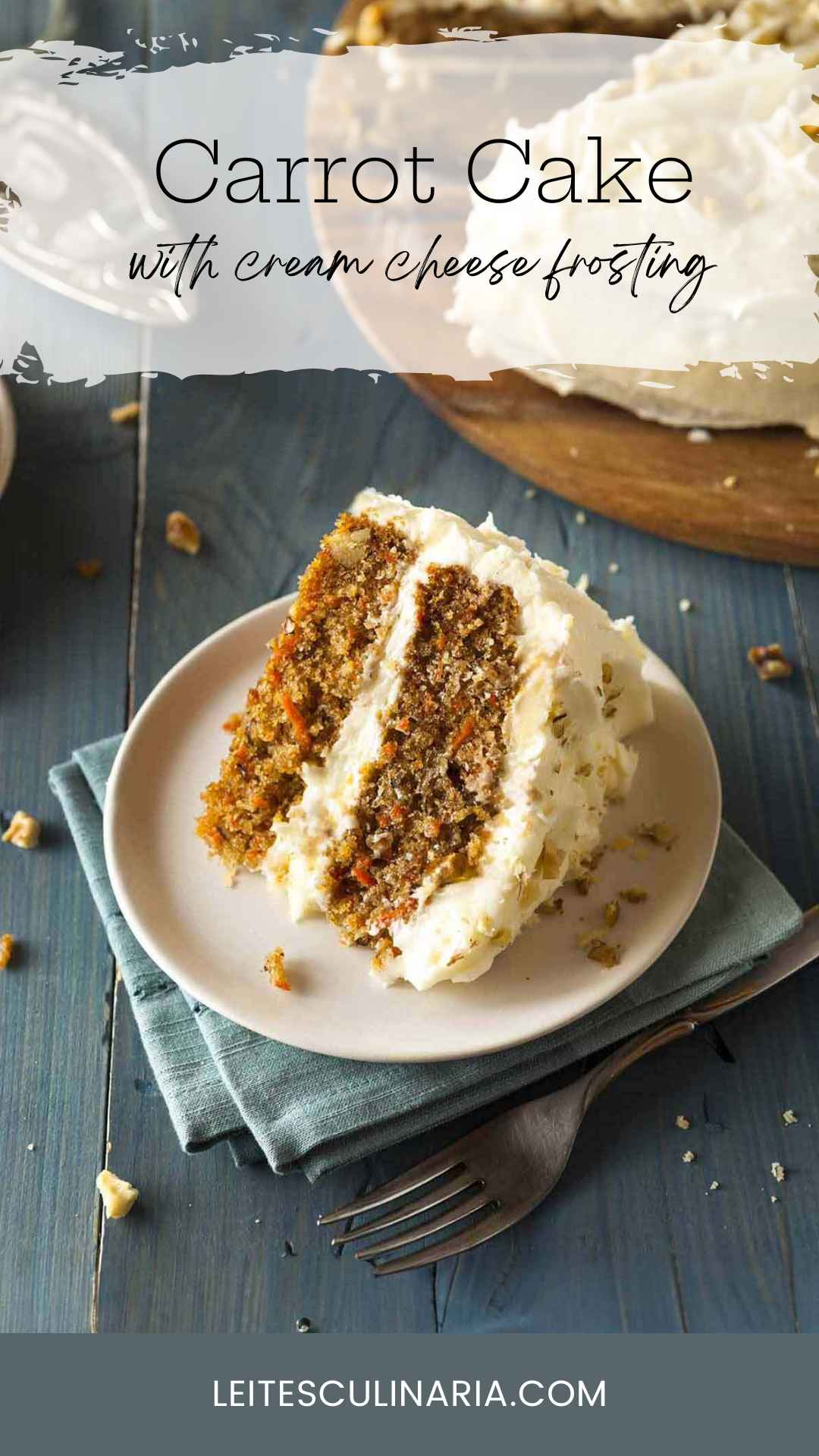 A slice of double-layer carrot cake with cream cheese frosting on a plate with the remaining cake in the background.