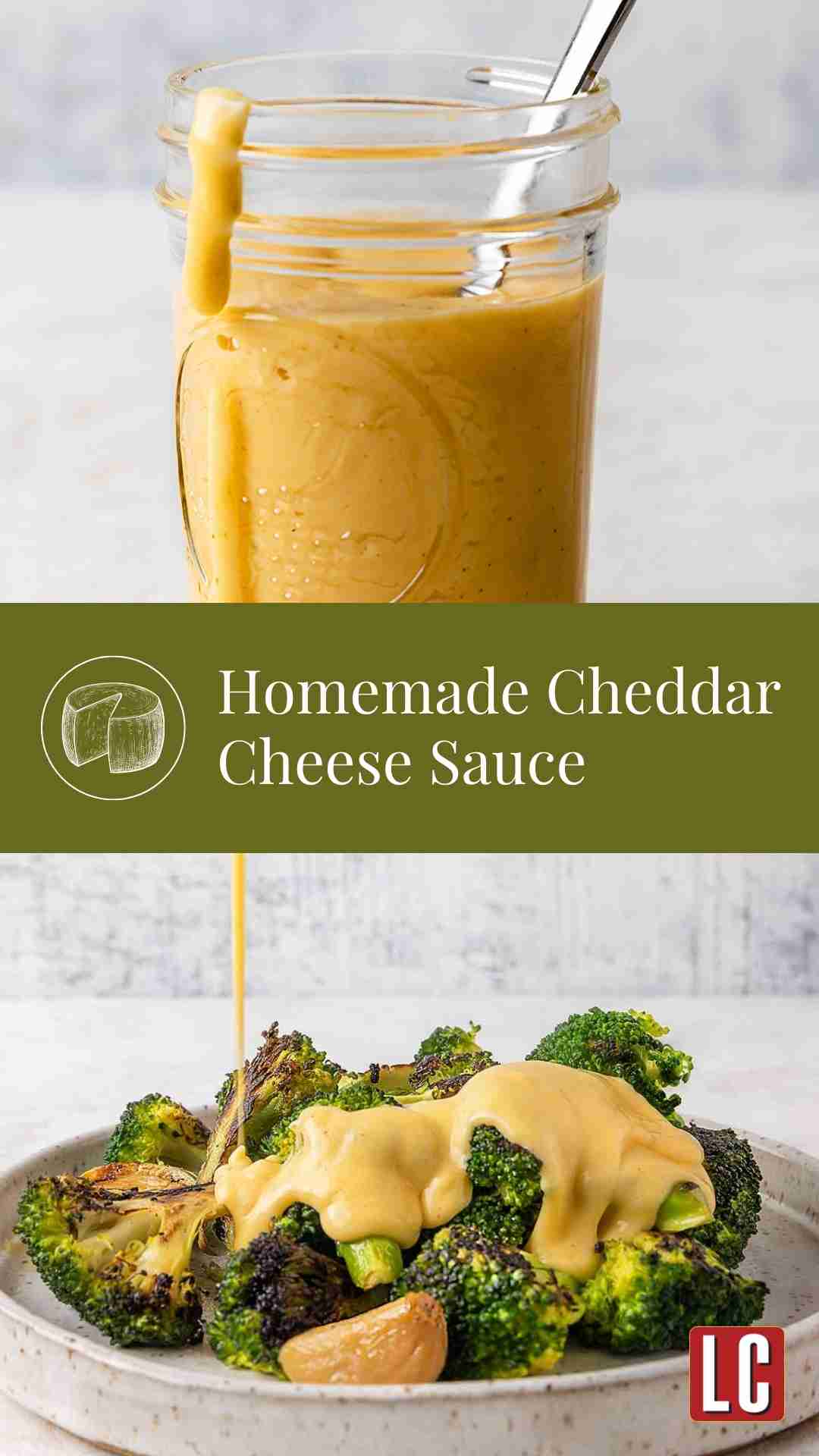 A jar of cheese sauce with a drip down the side and a plate of roasted broccoli with cheese sauce being poured over it.