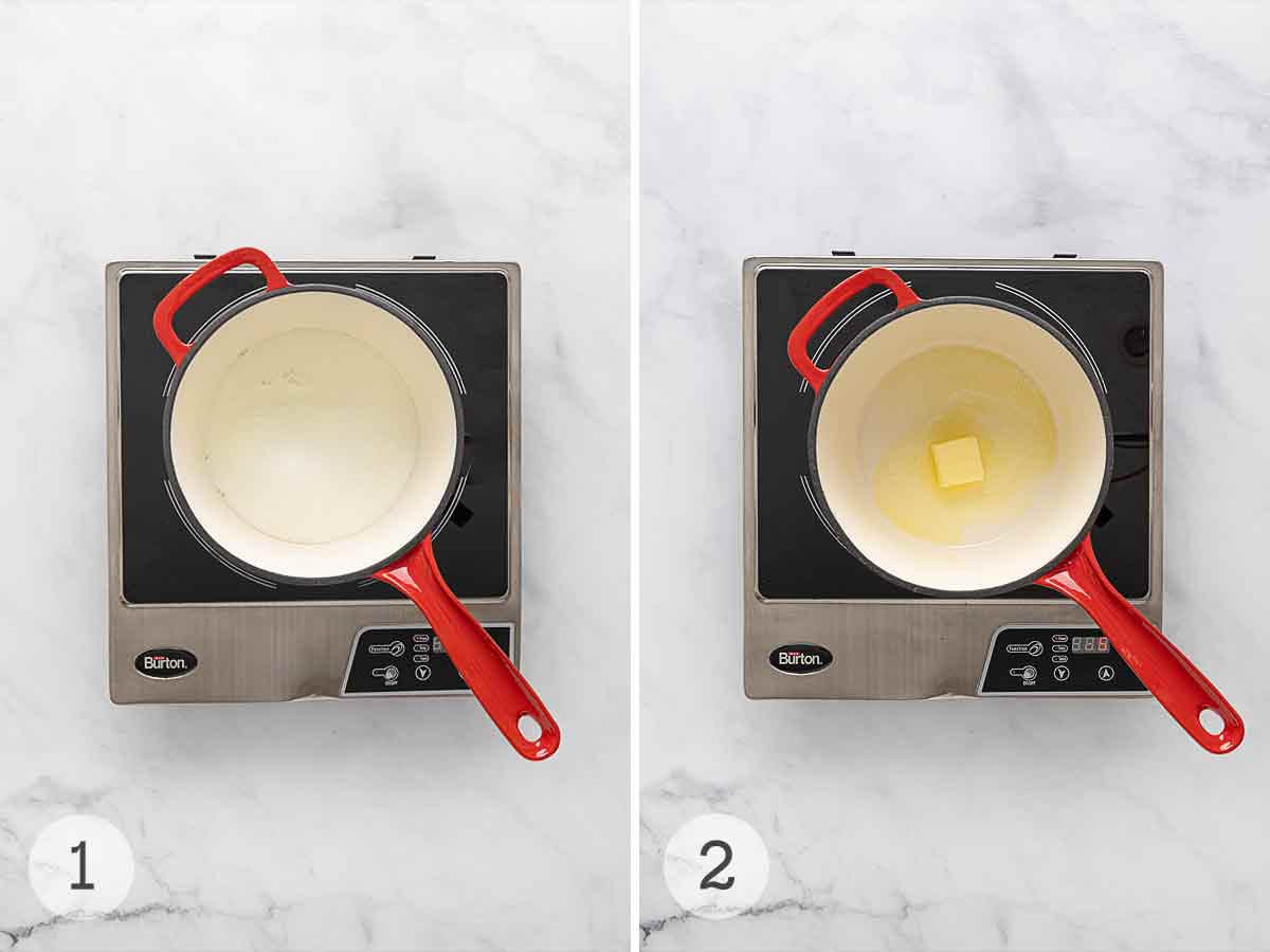 Milk heating in a saucepan; butter melting in the saucepan.