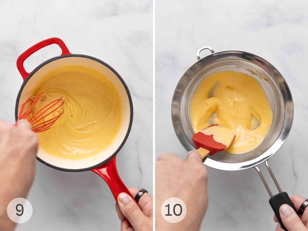 A person whisking cheese sauce; then the sauce being strained through a fine mesh sieve.