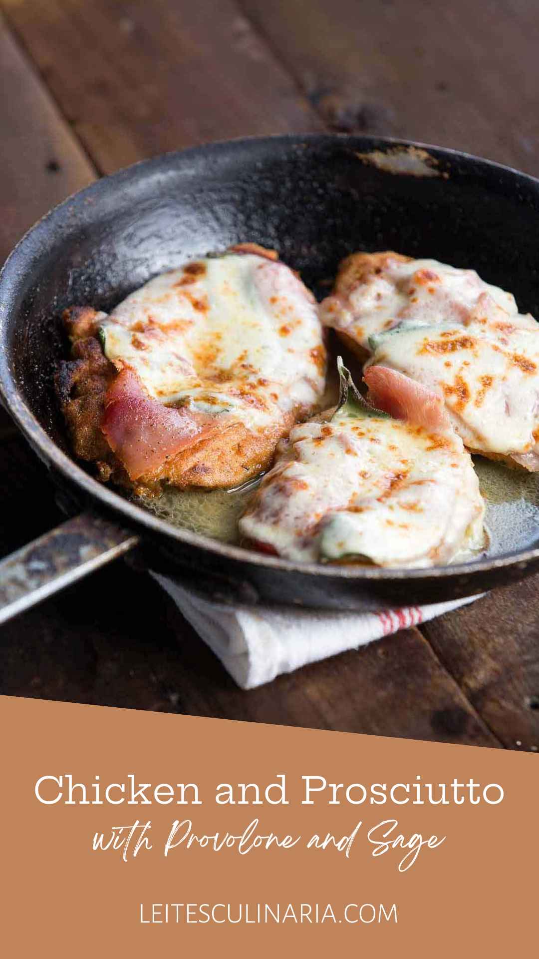 Three chicken cutlets wrapped in prosciutto and covered in cheese in a skillet.