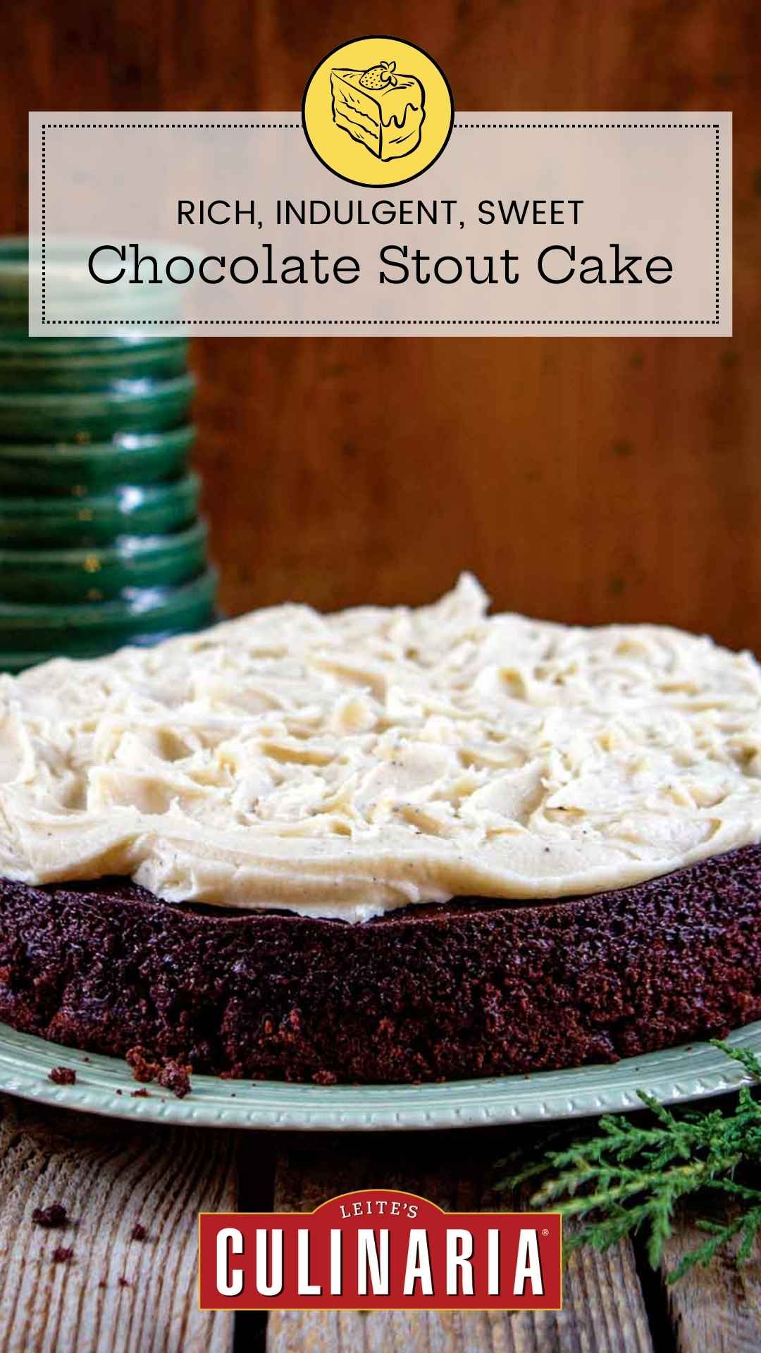 A chocolate cake topped with cream cheese frosting on a green plate.