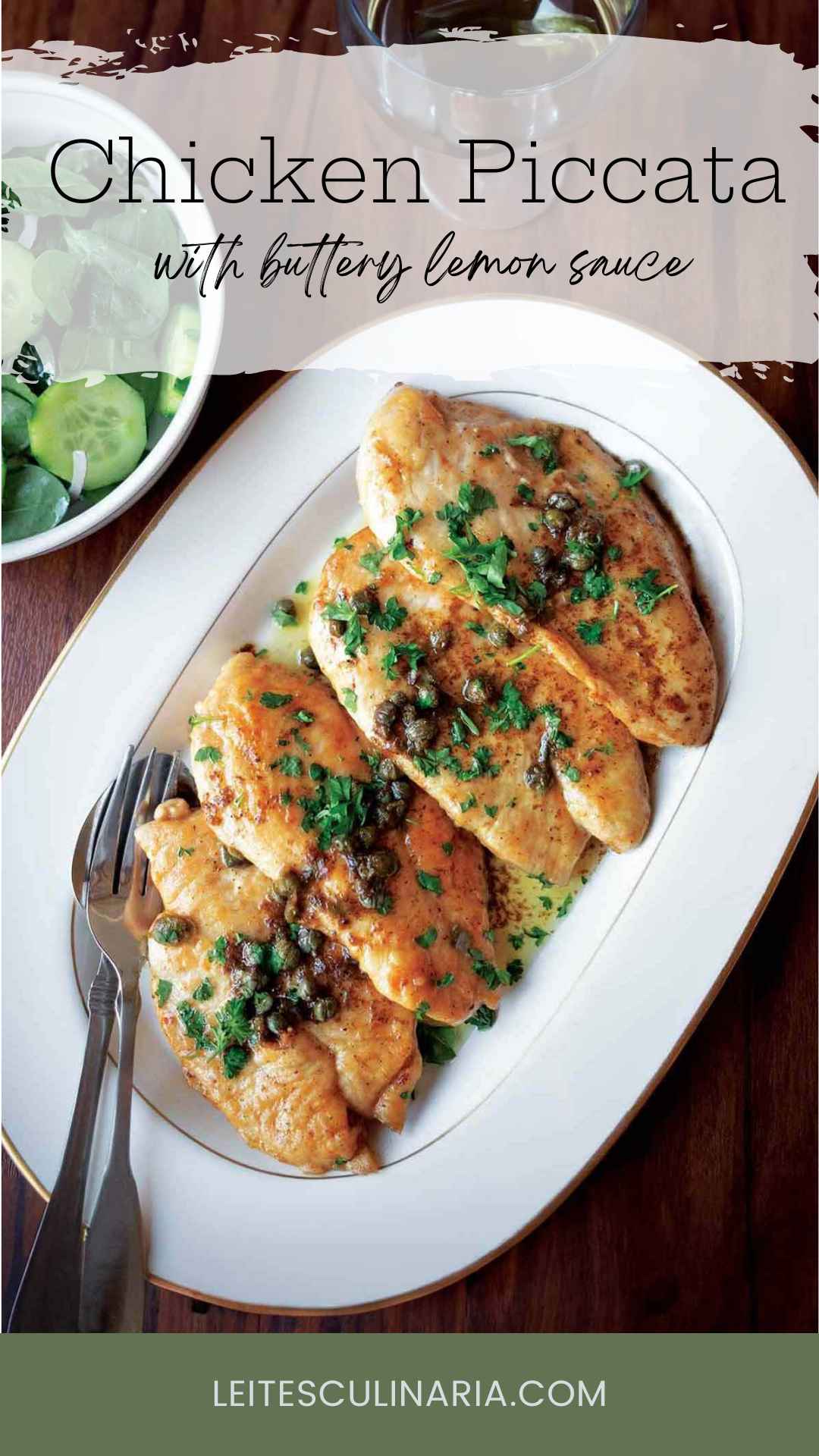 Four chicken cutlets topped with capers, parsley, and butter sauce on a white oval platter.