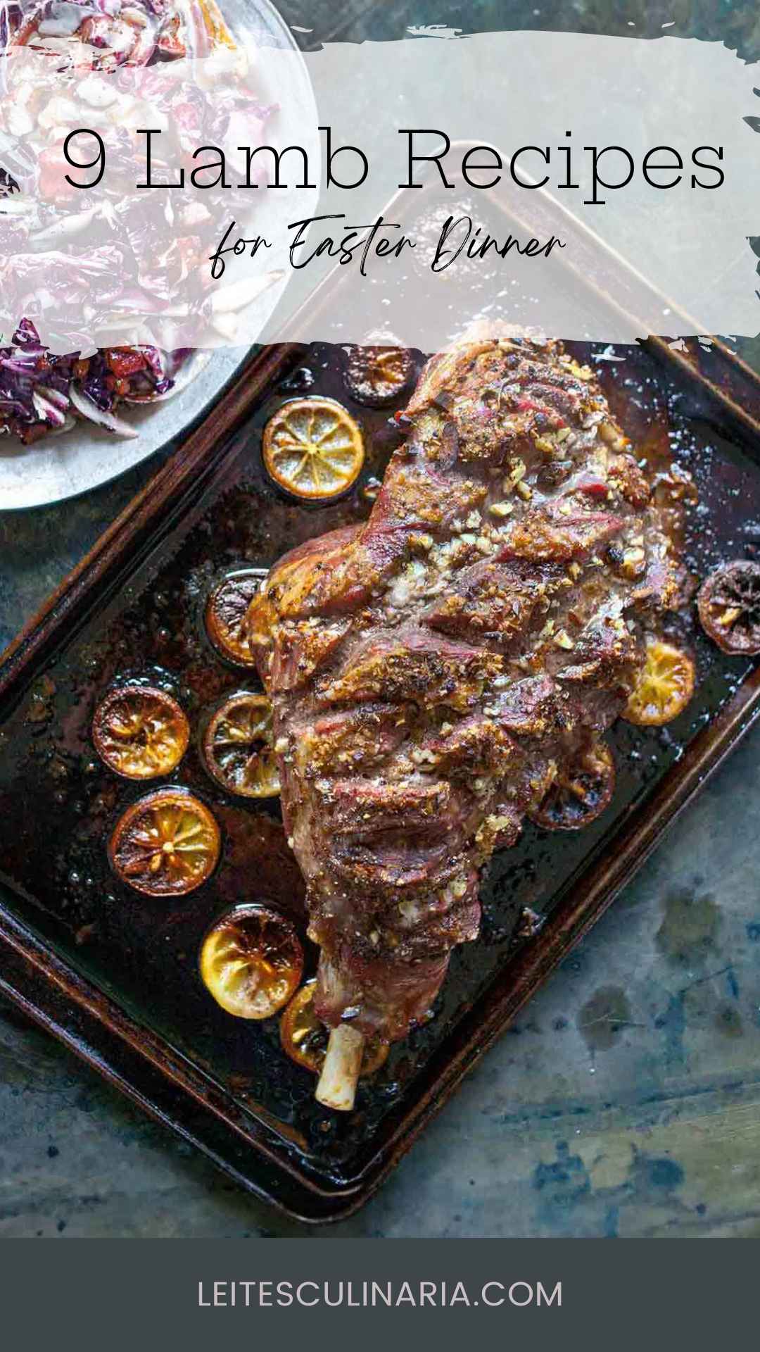 A roast leg of lamb topped with browned lemon slices on a rimmed baking sheet.
