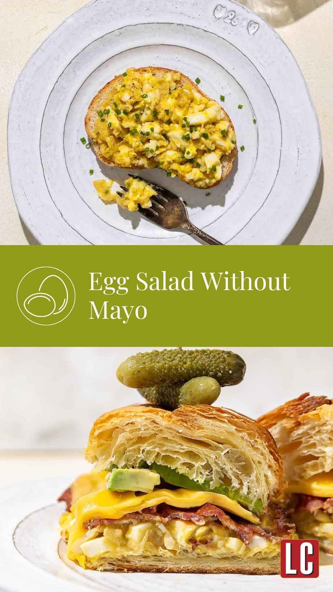 An open-faced egg salad sandwich topped with minced chives on a white plate and a halved croissant sandwich with egg salad, bacon, cheese, avocado, and small pickles on a white plate.