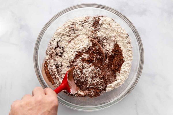 A person mixing flour, cocoa, and sugar in a bowl.