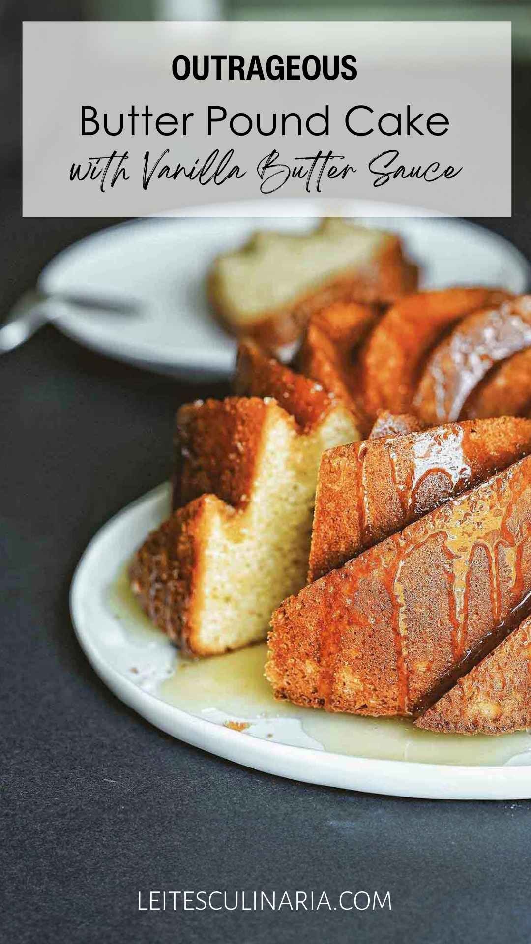 A Kentucky butter cake on a platter with glazed drizzled over it and one slice cut from it.