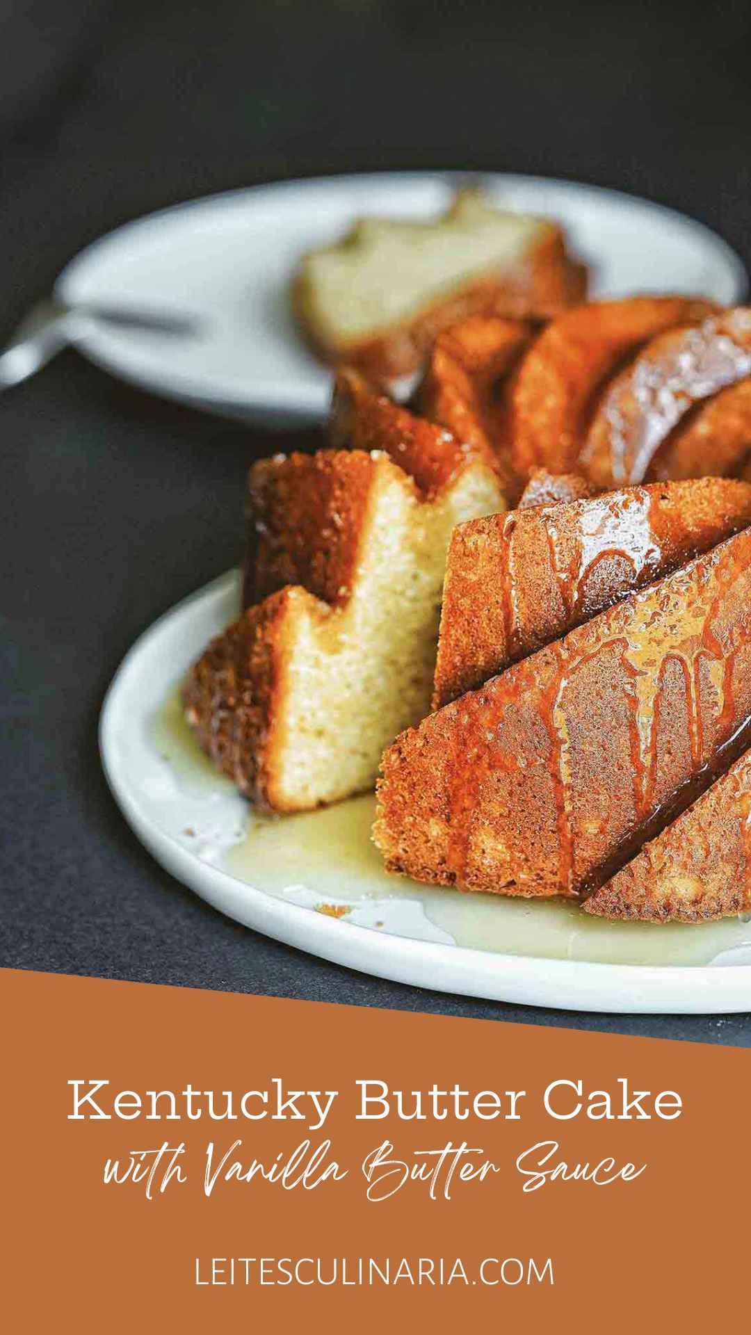 A Kentucky butter cake on a platter with glazed drizzled over it and one slice cut from it.