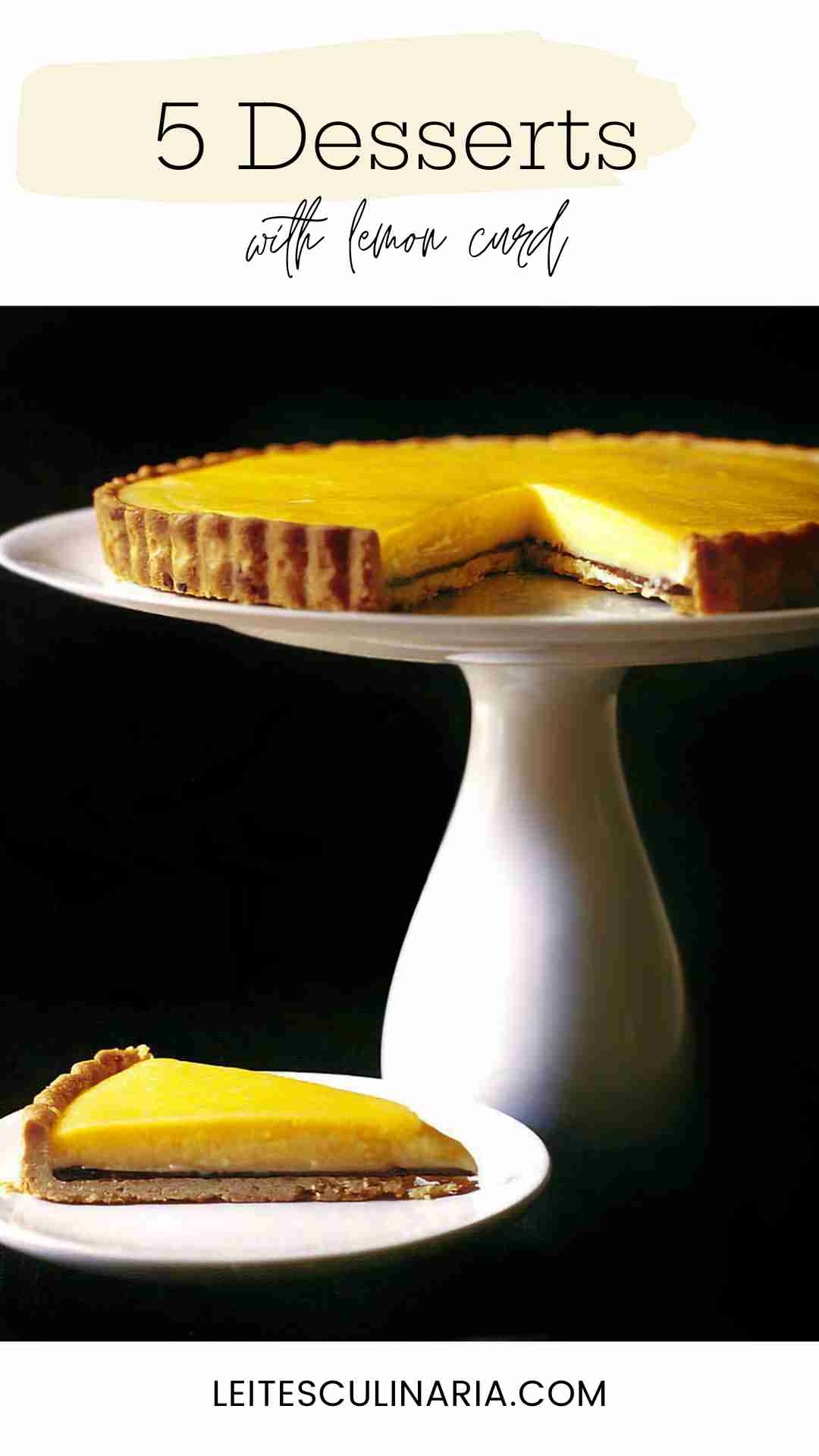 A lemon tart with a chocolate layer on a white cake stand with a slice on a plate next to it.