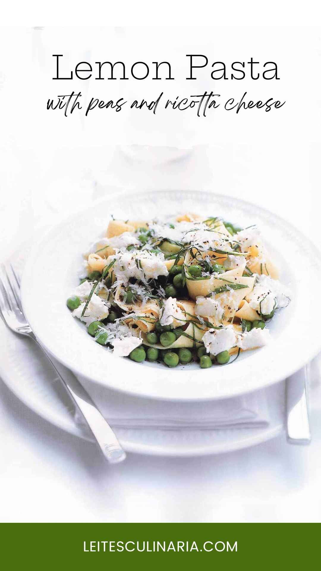 A bowl of pasta topped with dollops of ricotta cheese, peas, and thinly sliced mint.