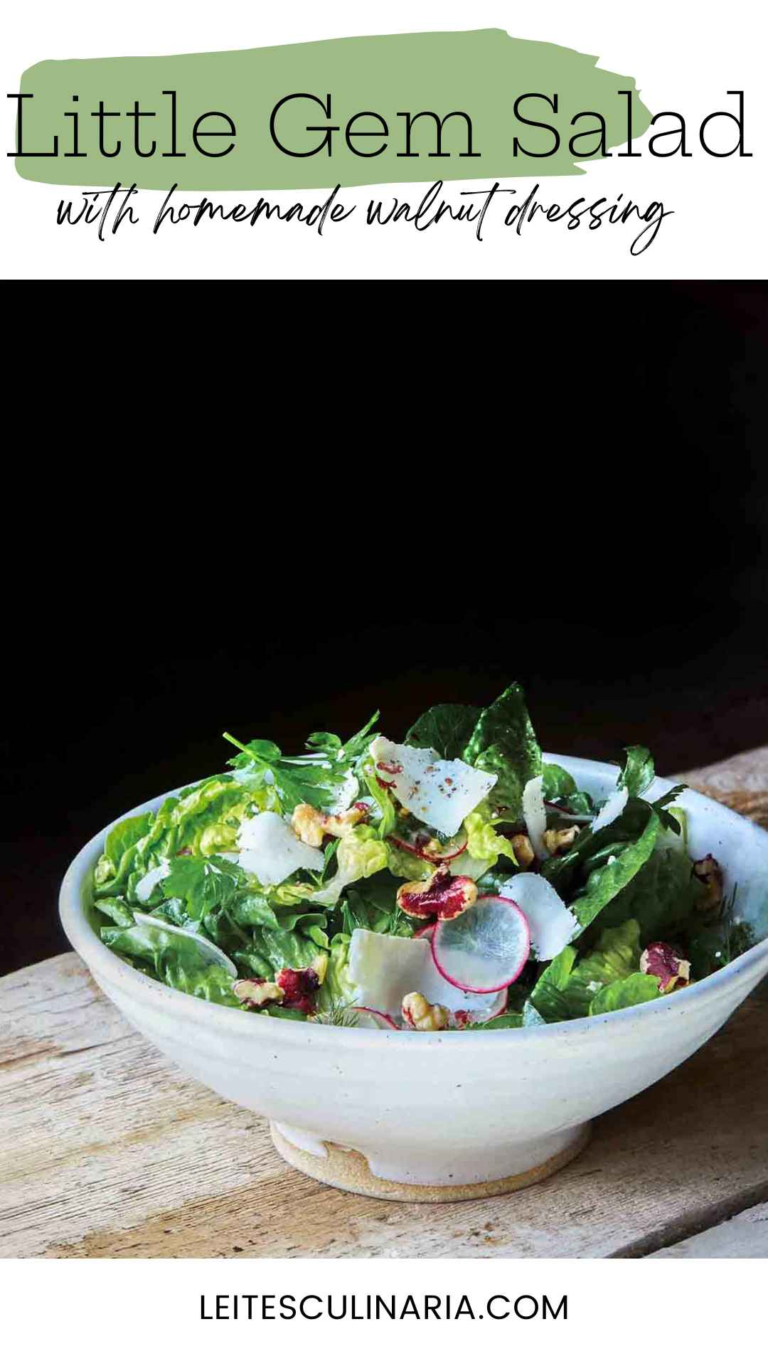 A white bowl filled with little gem lettuce, radishes, walnuts, and parmesan shavings.
