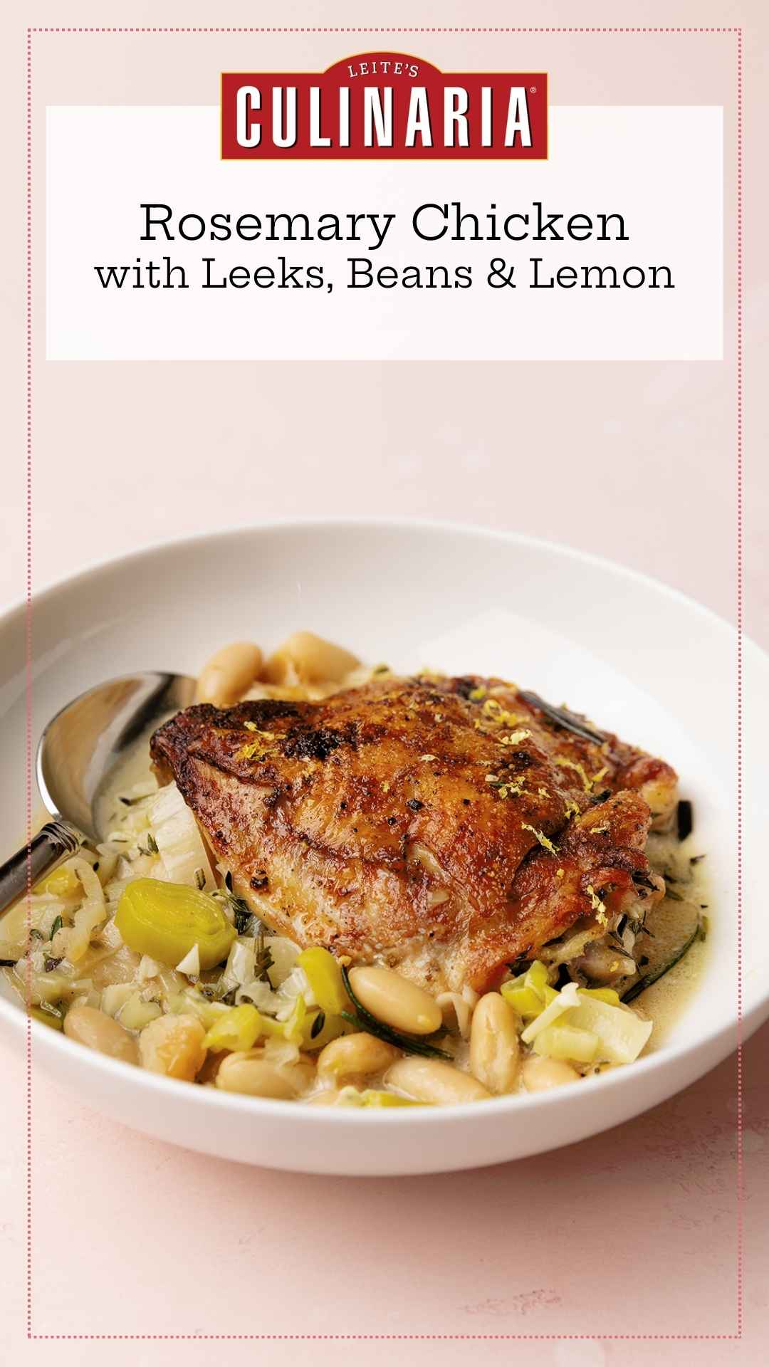 A bowl with one crispy chicken thigh on top of a mixture of leeks and cannellini beans.
