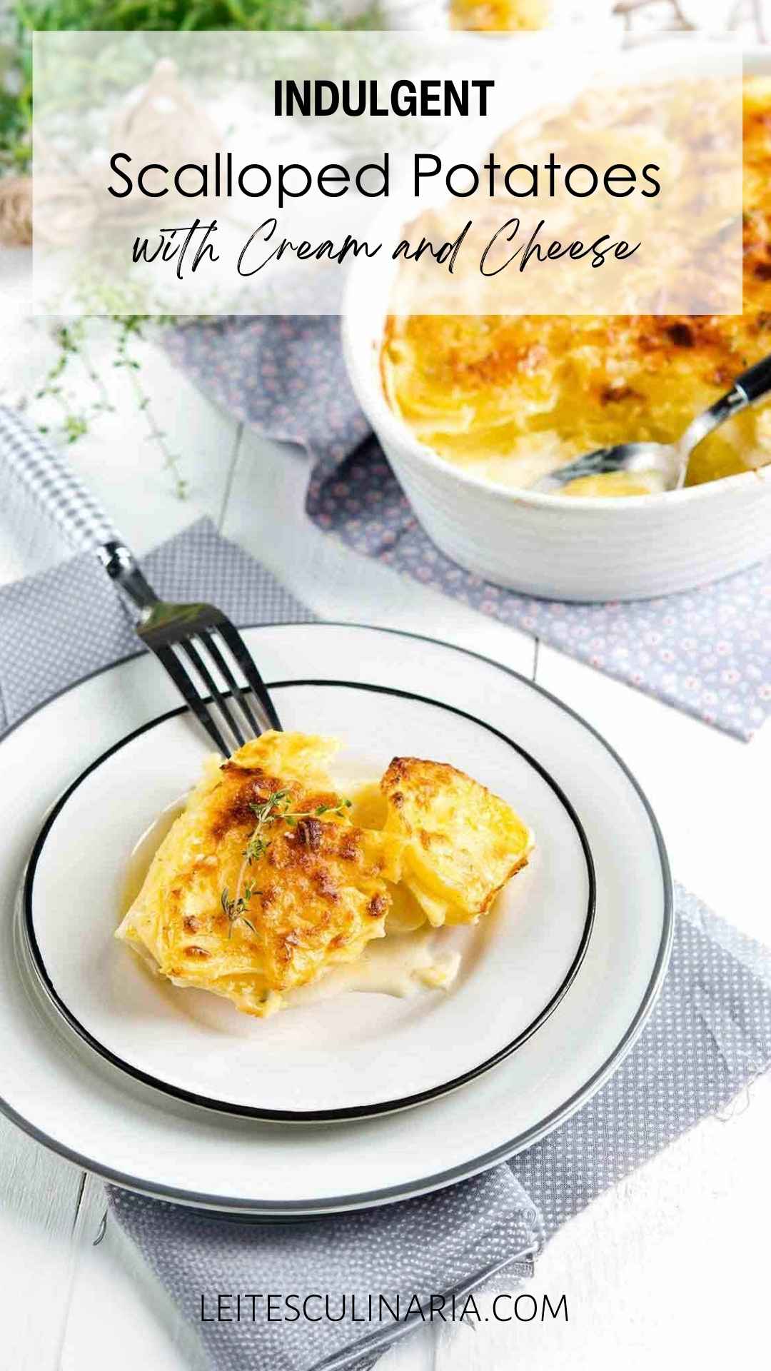 A round baking dish filled with scalloped potatoes and two stacked white plates topped with a serving of the scalloped potatoes.