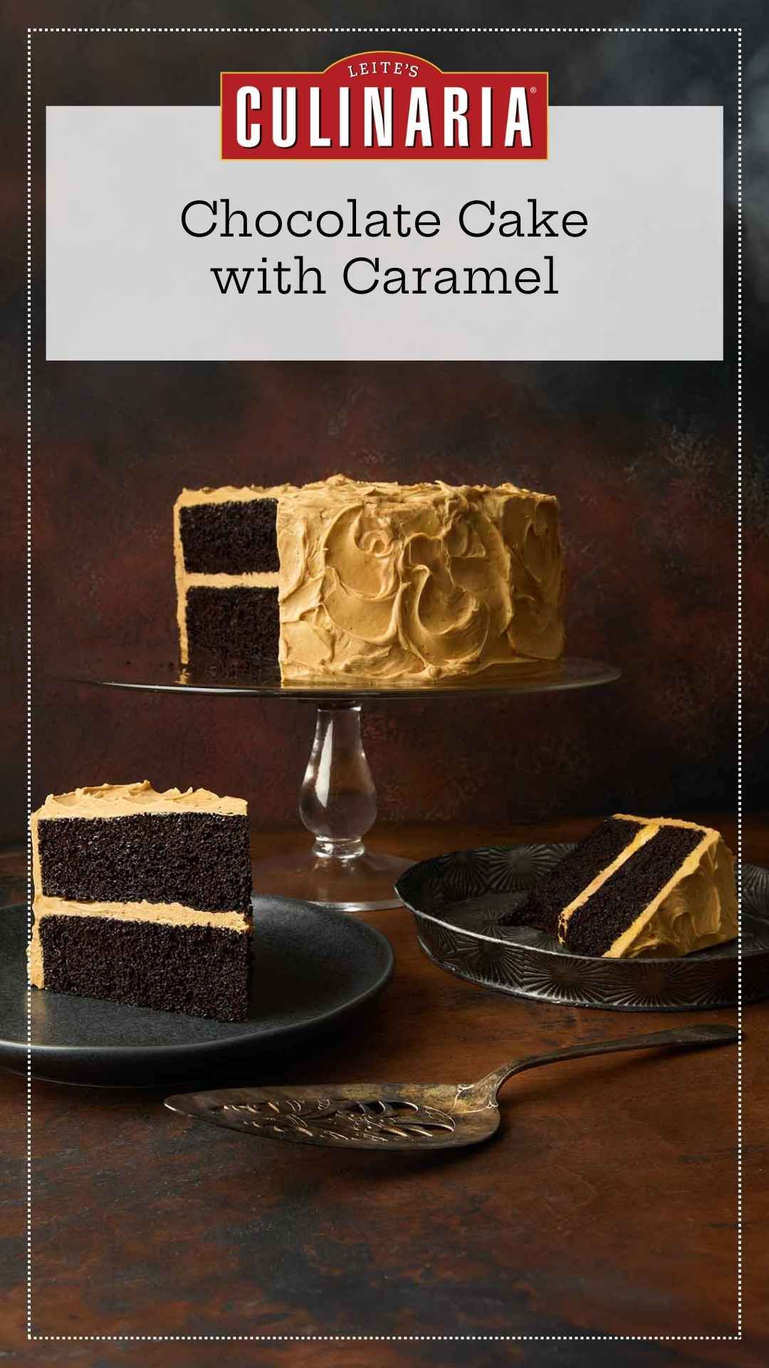 A chocolate caramel cake on a cake stand, with two slices cut from it on plates nearby.