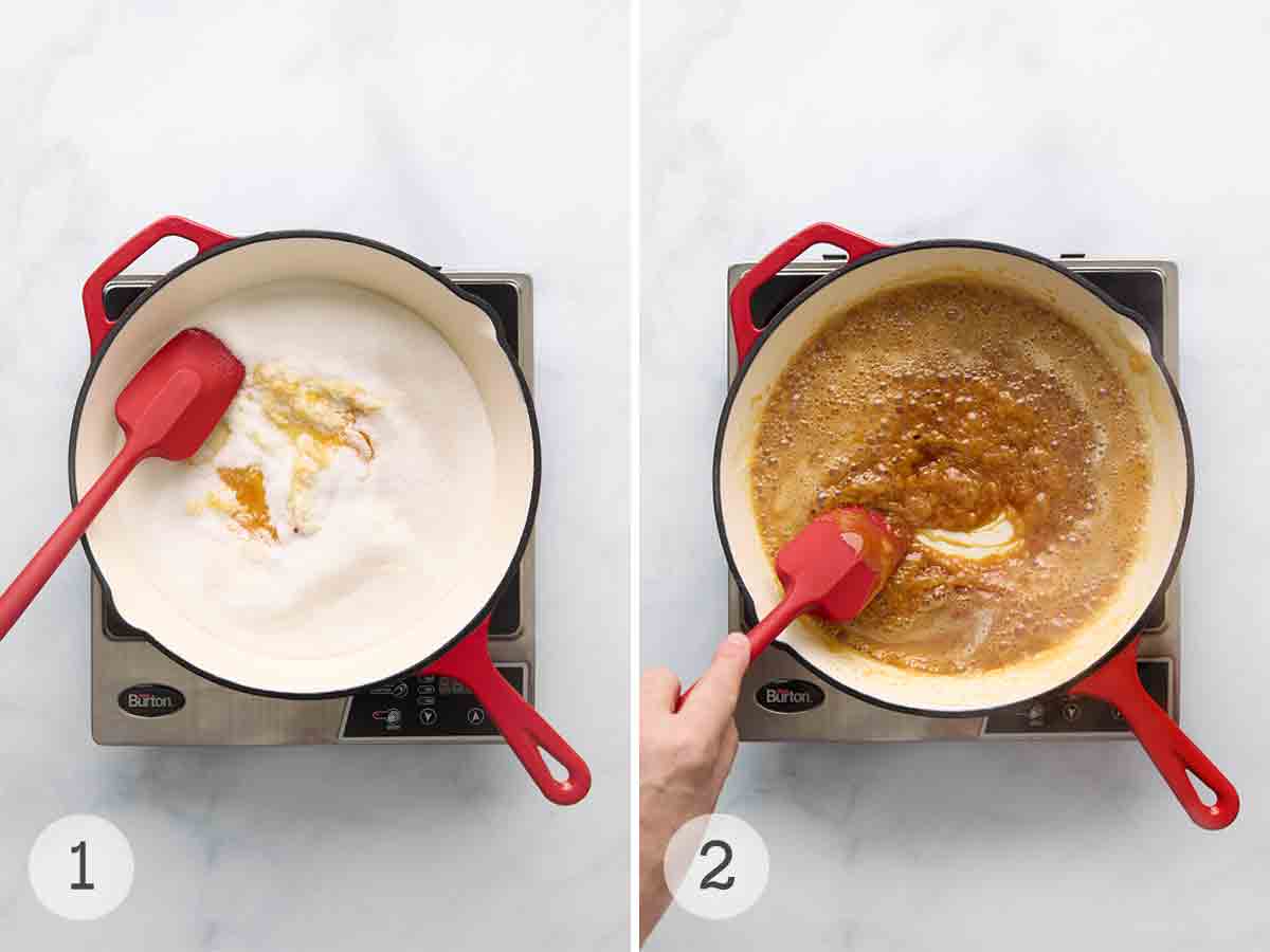 Sugar melting to become caramel; hot caramel bubbling in a skillet.