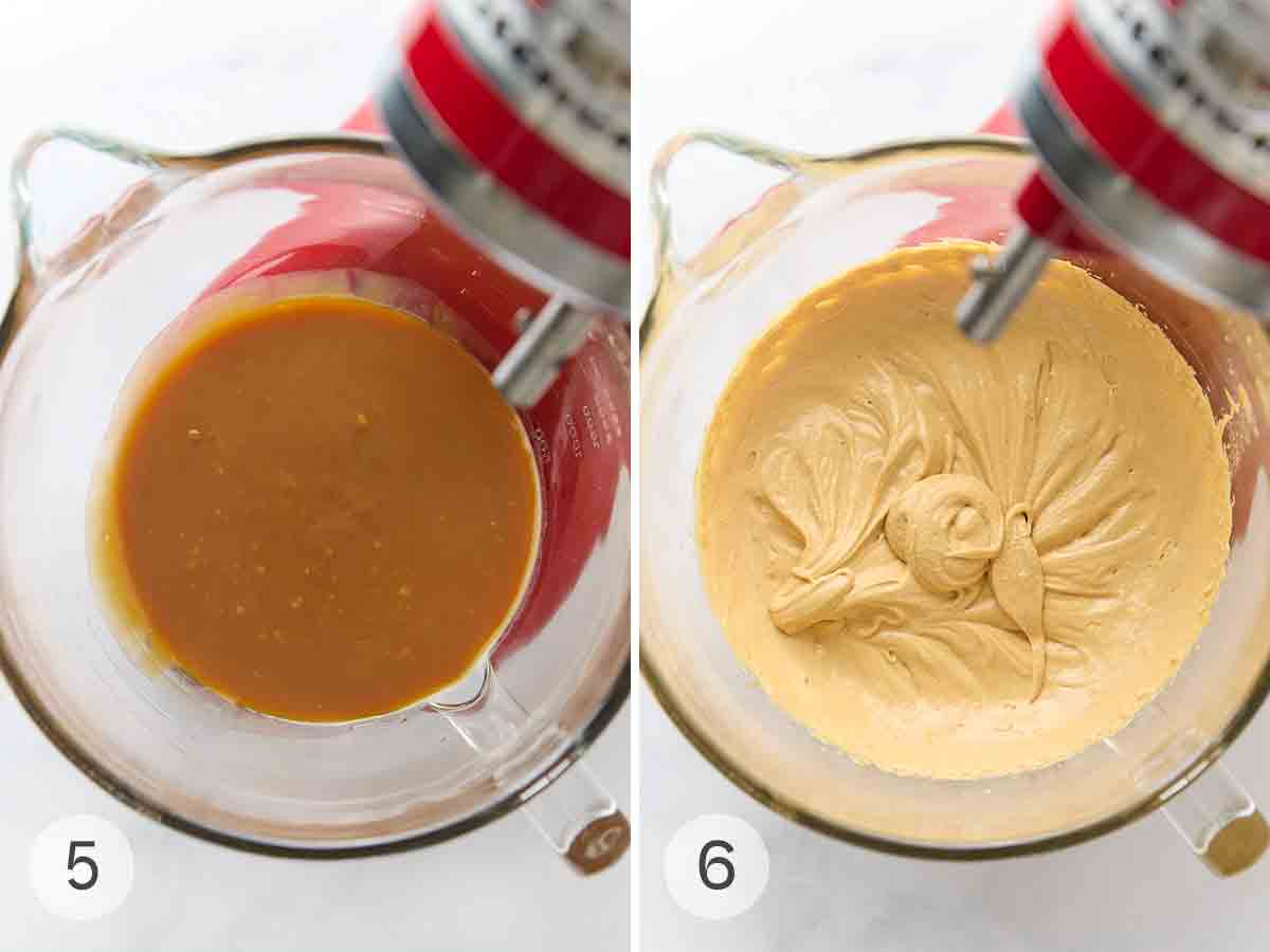 Caramel sauce in a glass mixing bowl; whipped caramel in a glass mixing bowl.