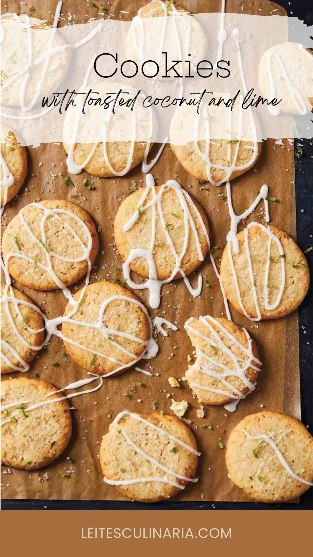 Several coconut lime cookies drizzled with glaze and sprinkled with lime zest on a wooden cutting board.
