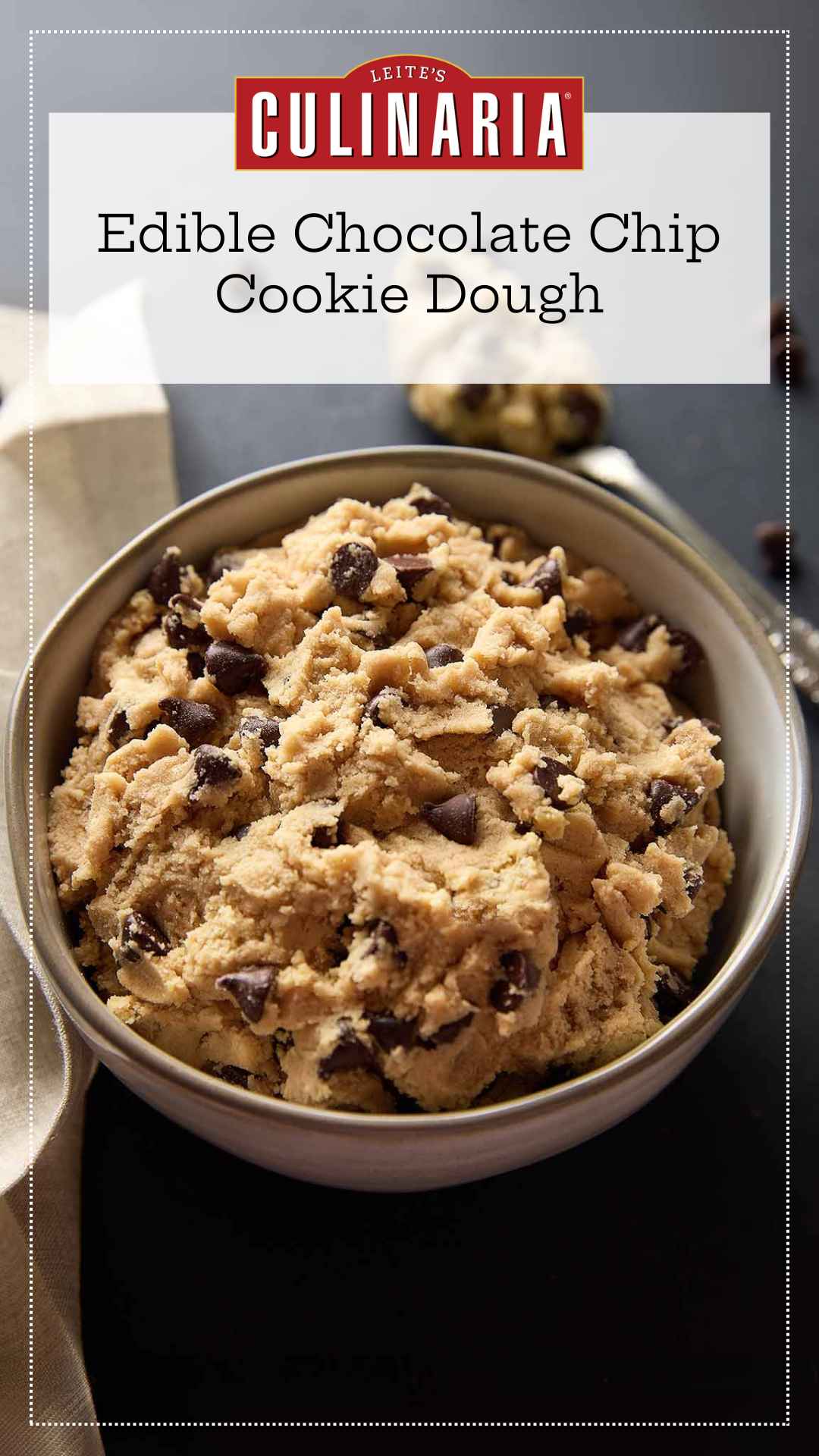 A bowl of edible chocolate chip cookie dough with a spoon and napkin on the side.