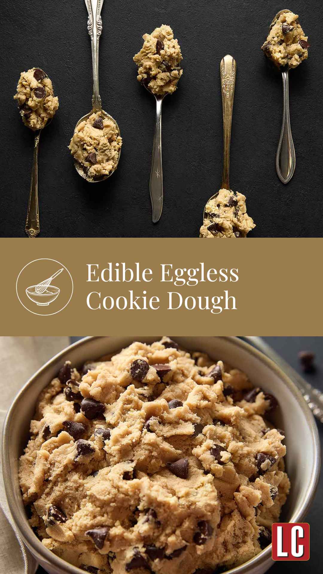 Five silver spoons, each with a scoop of eggless chocolate chip cookie dough and a bowl of cookie dough.