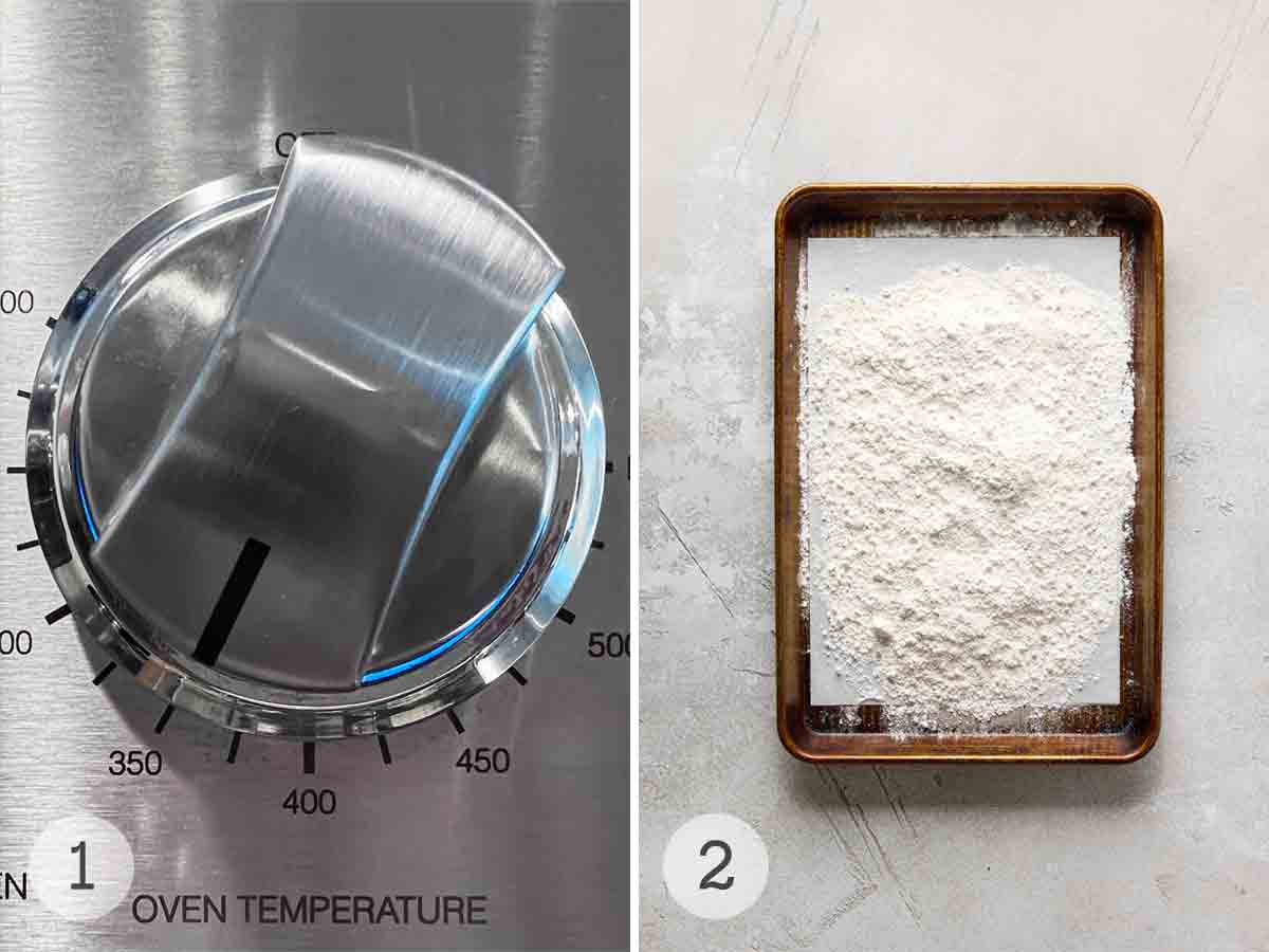 An oven dial set to 350°F; flour spread on a parchment-lined baking sheet.