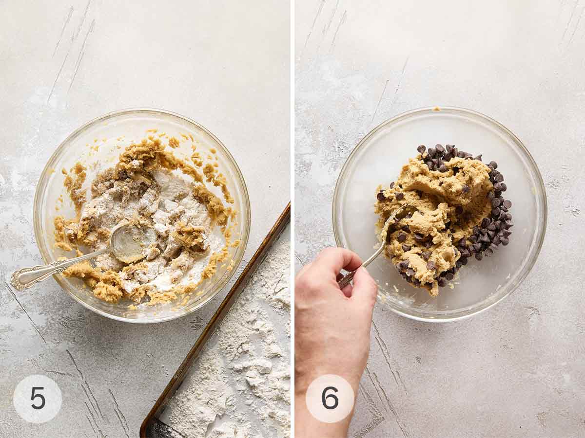 A bowl of cookie dough dusted with flour and a person mixing chocolate chips into the cookie dough.