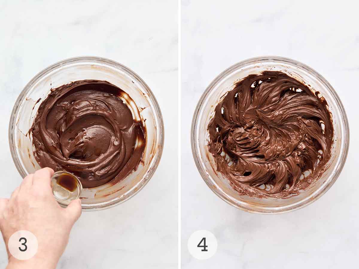 Vanilla being added to a bowl of chocolate frosting; a finished bowl of chocolate frosting.