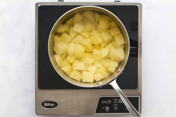 A pot filled with cubed potatoes in water.