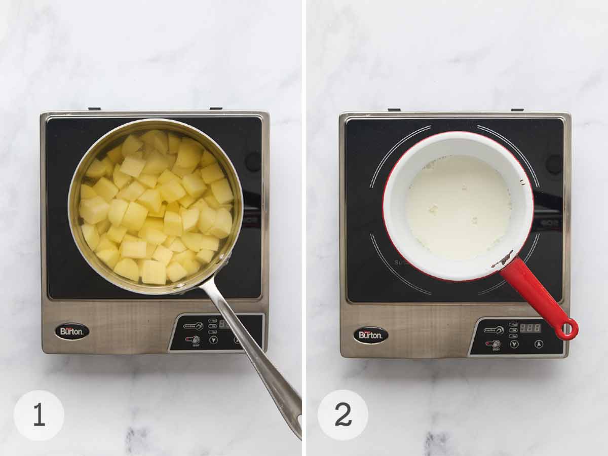 A pot of cubed potatoes in water and a saucepan with milk.