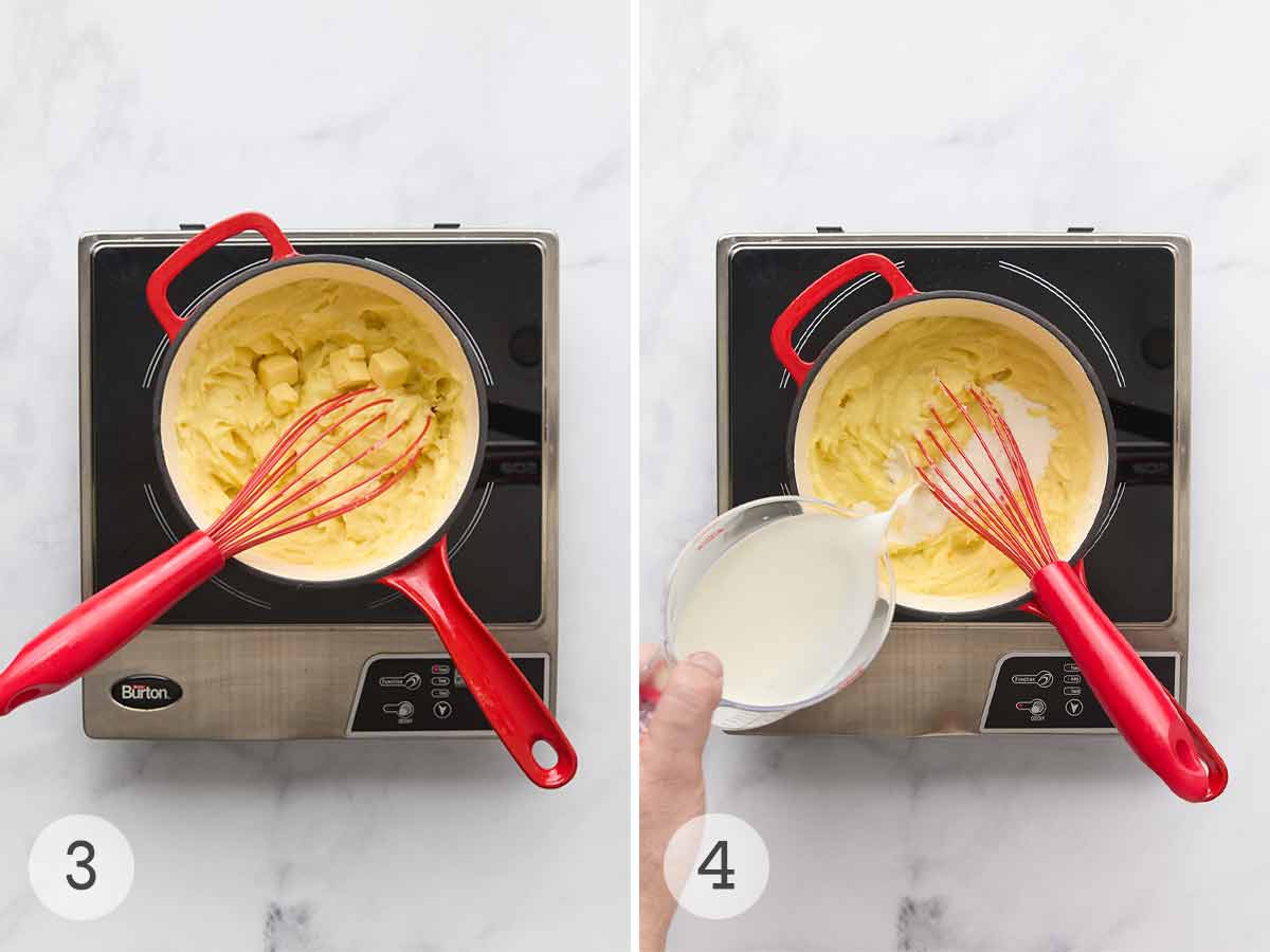 A saucepan of mashed potatoes with cubes of butter on top and a person adding milk to a saucepan of mashed potatoes.