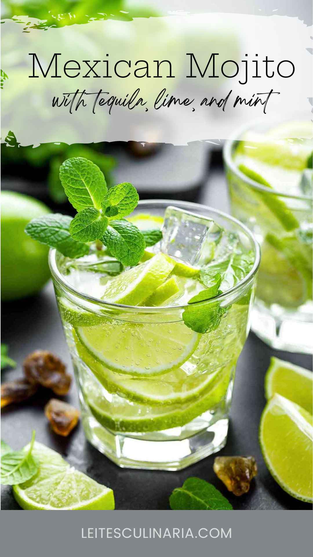 A highball glass filled with Mexican mojito, made with tequila, soda, lime slices, mint sprigs, and ice cubes.