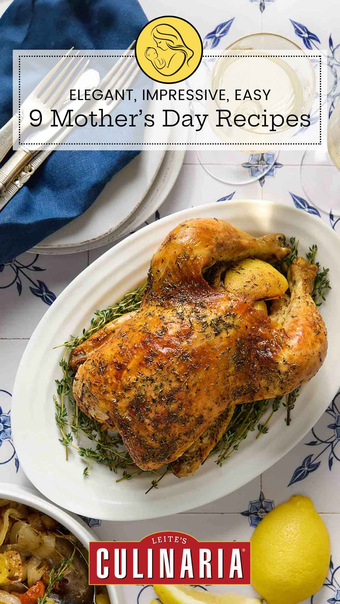 A whole roast chicken on a white oval platter.