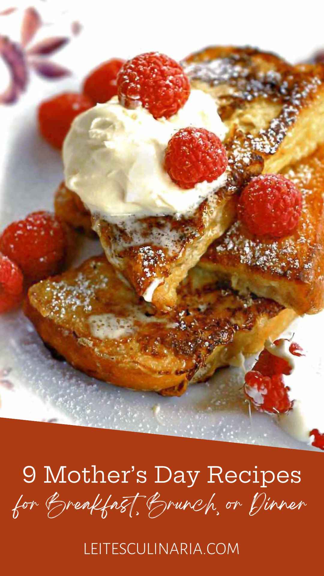 Pieces of French toast stacked on a plate, topped with whipped cream and raspberries.
